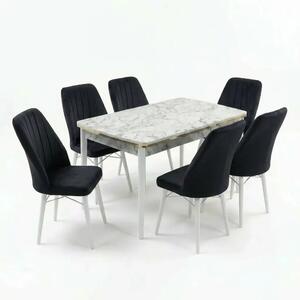 Verona Set Masa Extensibila (Marmura Alba) 80x 135 (80 x 178) Si Scaun 6 Buc, Aur Detalii, Horeca, Bucatarie, Living
