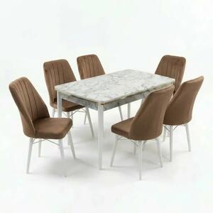 Verona Set Masa Extensibila (Marmura Alba) 80x 135 (80 x 178) Si Scaun 6 Buc, Aur Detalii, Horeca, Bucatarie, Living
