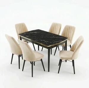 Verona Set Masa Extensibila (Negru Marmura) 80x 135 (80 x 178) Si Scaun 6 Buc, Aur Detalii, Horeca, Bucatarie, Living
