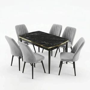 Verona Set Masa Extensibila (Negru Marmura) 80x 135 (80 x 178) Si Scaun 6 Buc, Aur Detalii, Horeca, Bucatarie, Living