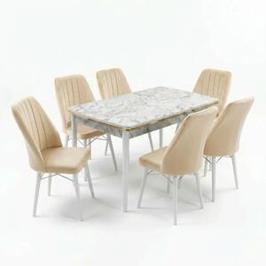 Verona Set Masa Extensibila (Marmura Alba) 80x 135 (80 x 178) Si Scaun 6 Buc, Aur Detalii, Horeca, Bucatarie, Living