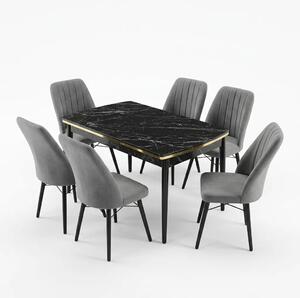 Verona Set Masa Extensibila (Negru Marmura) 80x 135 (80 x 178) Si Scaun 6 Buc, Aur Detalii, Horeca, Bucatarie, Living