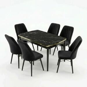 Verona Set Masa Extensibila (Negru Marmura) 80x 135 (80 x 178) Si Scaun 6 Buc, Aur Detalii, Horeca, Bucatarie, Living