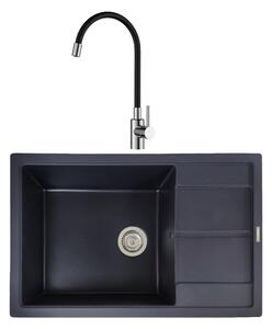 SET Chiuveta din granit compozit cu scurgator SanDonna EWELINA + Baterie flexibila SanDonna LOLA - Negru - Argintiu