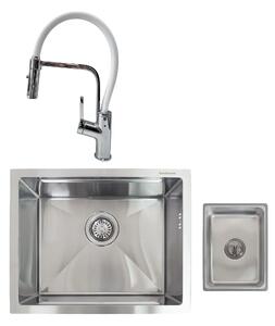SET Chiuveta SanDonna HD5040 crom din inox HandMade sub blat + Baterie SanDonna ANDRA flexibila, alb - Inox