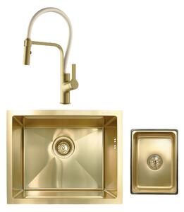 SET Chiuveta SanDonna HD5040 aurie din inox HandMade sub blat + Baterie SanDonna ANDRA flexibila, auriu-alb - Alb-Auriu