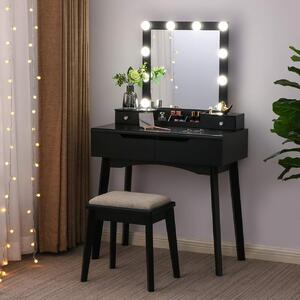 SEN23 - Set Masa toaleta, 80 cm, cosmetica machiaj, oglinda cu LED, masuta vanity, scaun tapitat - Negru