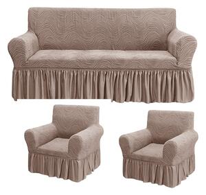 Set huse elastice pentru canapea 3 Locuri si 2 fotolii, cu volanas, model Jacquard Cappuccino in dungi
