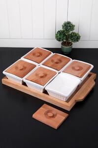 Set 6 boluri MRT-1, alb/stejar, portelan/lemn, cu tava, 32x22x7 cm
