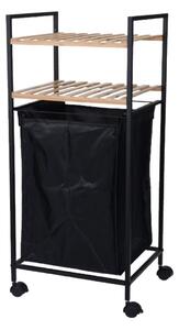 Etajeră de baie mobilă cu coș pentru rufe, cadru metalic negru și polițe din bambus 38x32,5x89.5 cm