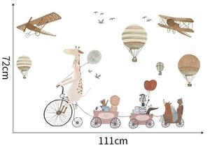 Sticker Decorativ Pentru Copii, Autoadeziv, Animale, girafa pe bicicleta si prietenii, 72x111 cm