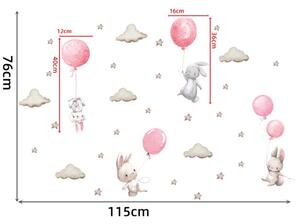 Sticker Decorativ Pentru Copii, Autoadeziv, Iepurasi cu baloane, roz, 70x49 cm