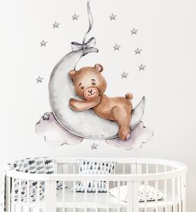 Sticker Decorativ Pentru Copii, Autoadeziv, Ursulet de plus pe luna, 72x57 cm