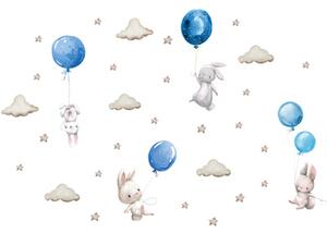 Sticker Decorativ Pentru Copii, Autoadeziv, Iepurasi cu baloane, albastru, 70x49 cm