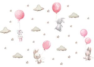 Sticker Decorativ Pentru Copii, Autoadeziv, Iepurasi cu baloane, roz, 70x49 cm