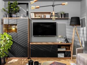 Set de living Fivale 106, Stejar Delano închis, Negru, PAL laminat, Sticlă călită