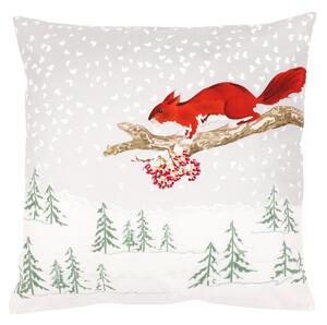 Pernă cu umplutură motiv de Crăciun Peisajînzăpezit cu veveriță, 45 x 45 cm