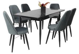Set masă extensibilă Aris Negru Marmorat cu 6 scaune Minerva Gri
