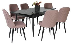 Set masă extensibilă Aris Negru Marmorat cu 6 scaune Ludovic Roz