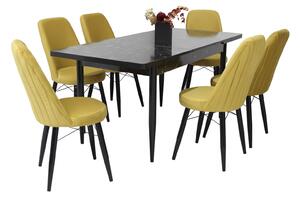 Set masă extensibilă Aris Negru Marmorat cu 6 scaune Minerva Galben