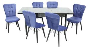 Set masă extensibilă Aris Negru Marmorat cu 6 scaune Arthur Albastru Picior Negru
