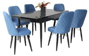 Set masă extensibilă Aris Negru Marmorat cu 6 scaune Ludovic Albastru Deschis