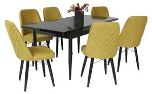 Set masă extensibilă Aris Negru Marmorat cu 6 scaune Ludovic Galben