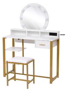Set WANDA, Masă de toaletă pentru machiaj cu scaun, oglindă 8 becuri LED, sertar, doua rafturi, 3 cuburi mici separatoare, incarcare USB, Alb