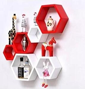 Set 6 rafturi de perete din lemn, in forma hexagonala, cu prindere ascunsa, Circus, alb/rosu