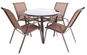 Set mobilier exterior, masa rotunda, 4 scaune si umbrela, metal si sticla, maro si negru