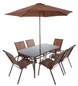 Set mobilier exterior, masa dreptunghiulara, 6 scaune si umbrela, metal si sticla, maro si negru