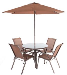 Set mobilier exterior, masa rotunda, 4 scaune si umbrela, metal si sticla, maro si negru