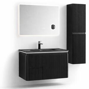 Set Mobilier Baie Cappadocia Riflat 80 cm negru mat, oglinda 70 sau 80 cm cu LED, dezaburire si lupa, lavoar ceramic, soldat inclus. 70 CM