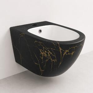 Vas Bideu Suspendat Negru Mat cu Model Marmorat Auriu, Ceramica Sanitara, Montaj pe Perete