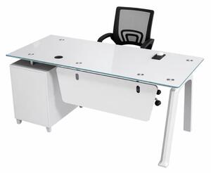 Set Prime & FlexiPro - Birou cu blat de sticla, dulap lateral fix si Scaun de birou ergonomic cu spatar mesh