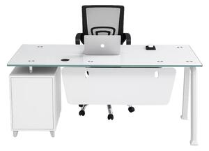 Set Prime & FlexiPro - Birou cu blat de sticla,dulap lateral fix si Scaun de birou ergonomic FlexiPro cu spatar mesh
