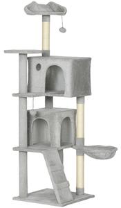 PawHut Arbore de Zgâriat pentru Pisici Înalt de 160 cm cu 2 Căsuțe, Hamac, Pat și Stâlpi din Sisal, Gri | Aosom Romania