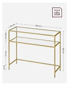 Consola din sticla securizata, Vasagle, 2 rafturi, 35 x 100 x 80 cm, LGT025A01, Auriu