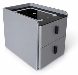 Noptiera inteligenta slim cu încarcare wireless, iluminare LED și 2 sertare – culoare gri antracit, design modern din sticla și lemn
