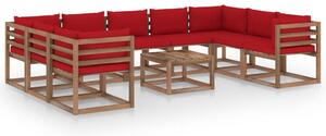 Set mobilier de grădină cu perne roșii, 10 piese
