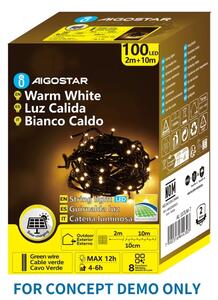 Aigostar - Ghirlandă solară de Crăciun cu 200 LED, 8 moduri, 22 m, IP65, alb cald, 800 mAh