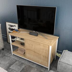 Comoda TV Muskegon, stejar/alb, PAL/metal, 90x35x51 cm