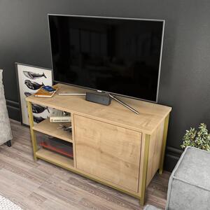 Comoda TV Muskegon, auriu/stejar, PAL/metal, 90x35x51 cm
