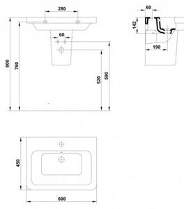 Lavoar suspendat alb 60 cm, dreptunghiular, Gala Street Square 600x450 mm
