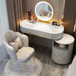 Set ALEGRIA, Masă de toaletă pentru machiaj cu margini iluminate LED, oglindă iluminată LED, control touch, 4 sertare, scaun, Gri