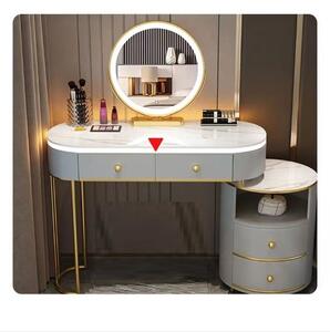 Set ALEGRIA, Masă de toaletă pentru machiaj cu margini iluminate LED, oglindă iluminată LED, control touch, 4 sertare, scaun bej