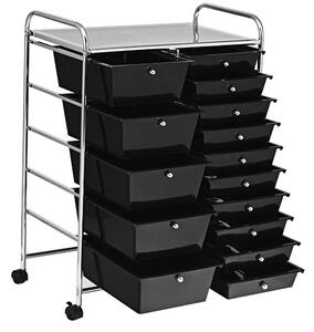 Carucior de depozitare cu roti cu 15 sertare, in mai multe culori-negru