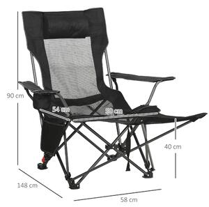 Scaun pentru camping Outsunny, spatar inclinabil si suport picioare, negru 58x148x90cm | Aosom RO