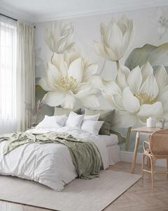 Tapet Flori de lotus cu textură, cu petale delicate și frunze mari, de un verde stins, Imagini de fundal unice, w10027 : Uwalls.ro
