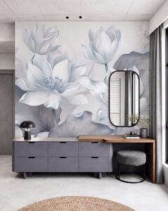 Tapet Flori de lotus cu textură, cu petale delicate, și frunze mari, de un albastru estompat, Imagini de fundal unice, w10027v1 : Uwalls.ro